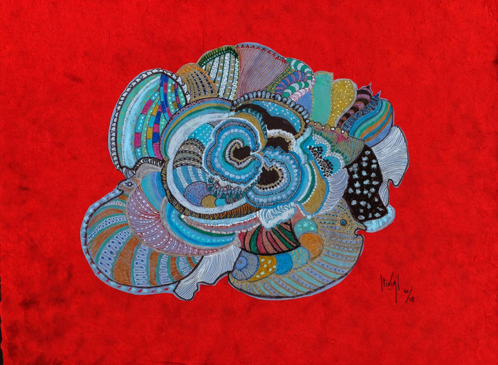 Painting titled "champignons-halluci…" by Hélène Stevens, Original Artwork, Ink Mounted on Cardboard