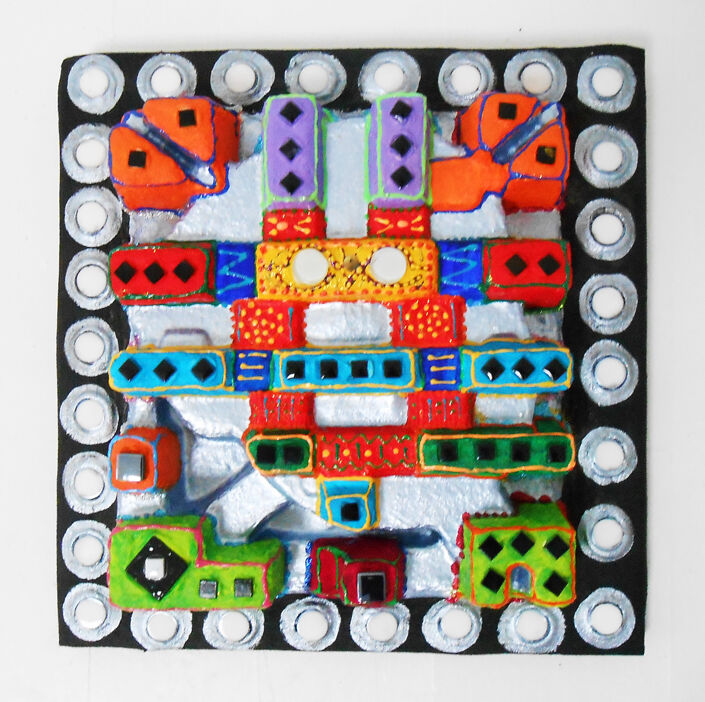 masque "URBAIN" peinture et mosaïque 拼贴, 13.8x13.8 in