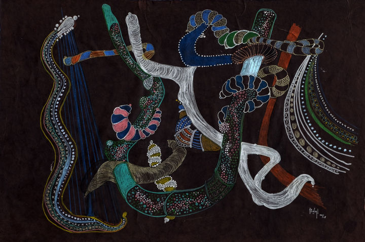 Painting titled "Dialogues" by Hélène Stevens, Original Artwork, Ink Mounted on Cardboard