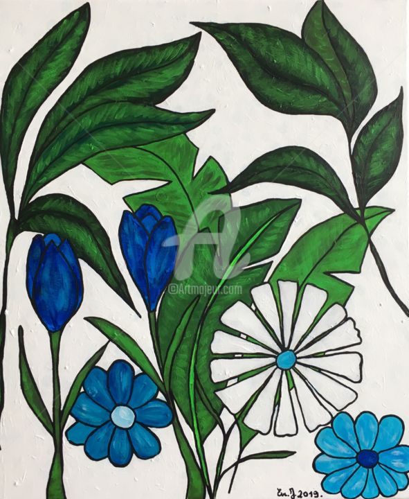 Painting titled "blue flowers2" by Eve.J, Original Artwork, Acrylic