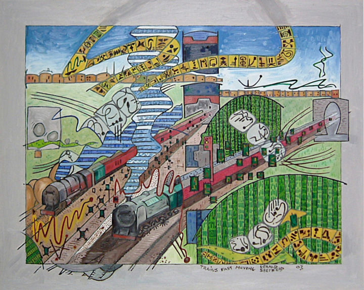 Painting titled "Trains Fast Moving" by Gerald Shepherd F.F.P.S., Original Artwork, Oil
