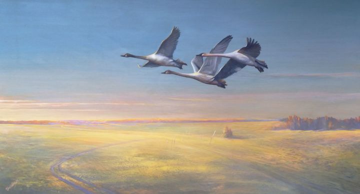 Painting titled "Гуси" by Vasil Tsikaliuk, Original Artwork