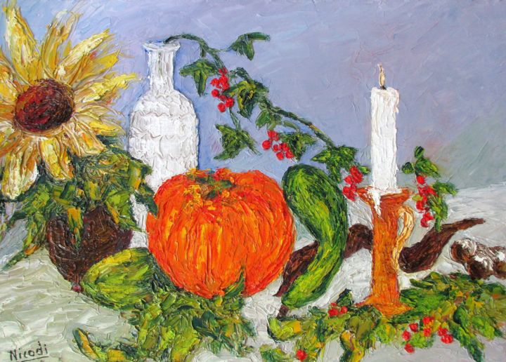 Peinture intitulée "NATURE MORTE A LA C…" par Nicodi, Œuvre d'art originale, Huile