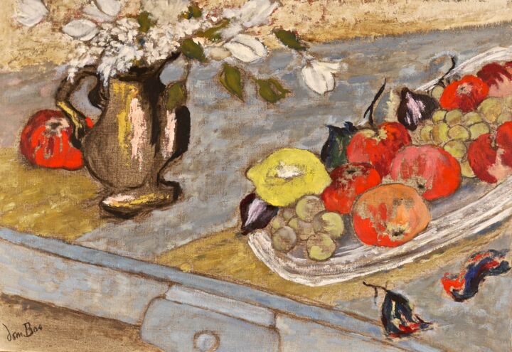 Peinture intitulée "Pichet et pommes" par Dominique Bertrand, Œuvre d'art originale, Huile
