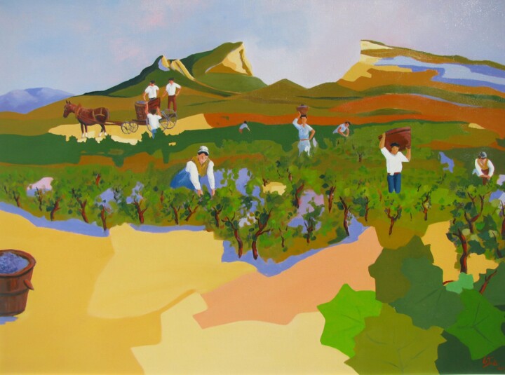 Peinture intitulée "Vendanges à l'ancie…" par Jean-Noël Le Junter, Œuvre d'art originale, Huile Monté sur Châssis en bois