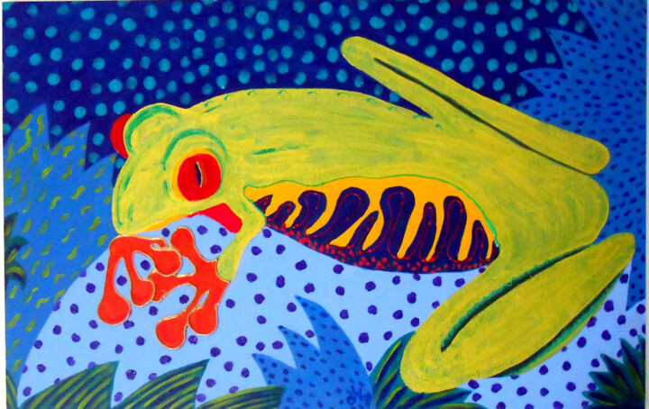 tableau art singulier "grenouille verte " Pop couleurs 绘画, 17.7x27.6 in