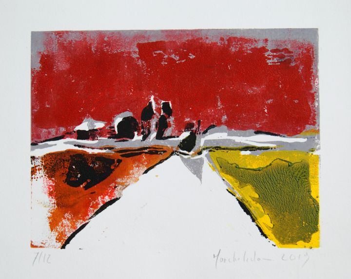 Prenten & gravures getiteld "Route de Tostes 7/12" door Hervé Marchelidon, Origineel Kunstwerk, Linosnede