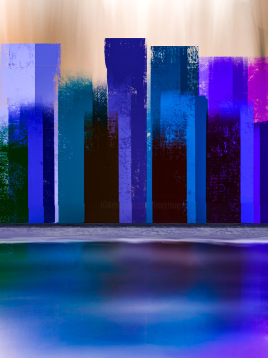 Digital Arts με τίτλο ""Skyline on a River"" από Keep Magic, Αυθεντικά έργα τέχνης, Ψηφιακή ζωγραφική Τοποθετήθηκε στο Ξύλιν…