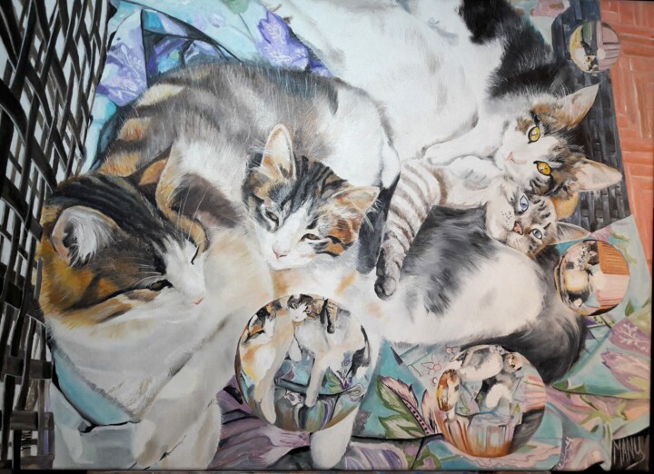Peinture intitulée "Gatti connexion (le…" par Manu Surreabulliste, Œuvre d'art originale, Huile Monté sur Châssis en bois