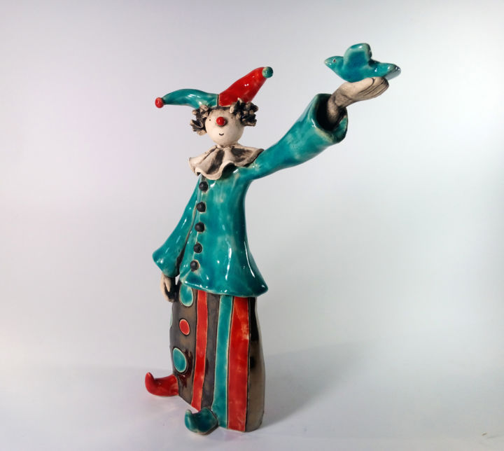 Sculpture titled "The Blue Bird Clown" by Izisculptures, Original Artwork, Ceramics