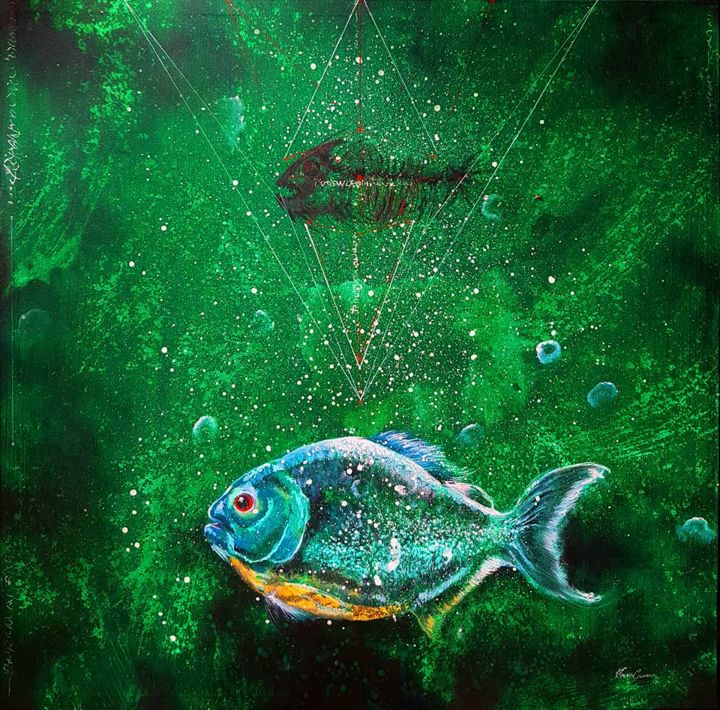 Malarstwo zatytułowany „Fish in Binary Sphe…” autorstwa Kasun Wickramasinghe, Oryginalna praca, Akryl Zamontowany na Drewnia…