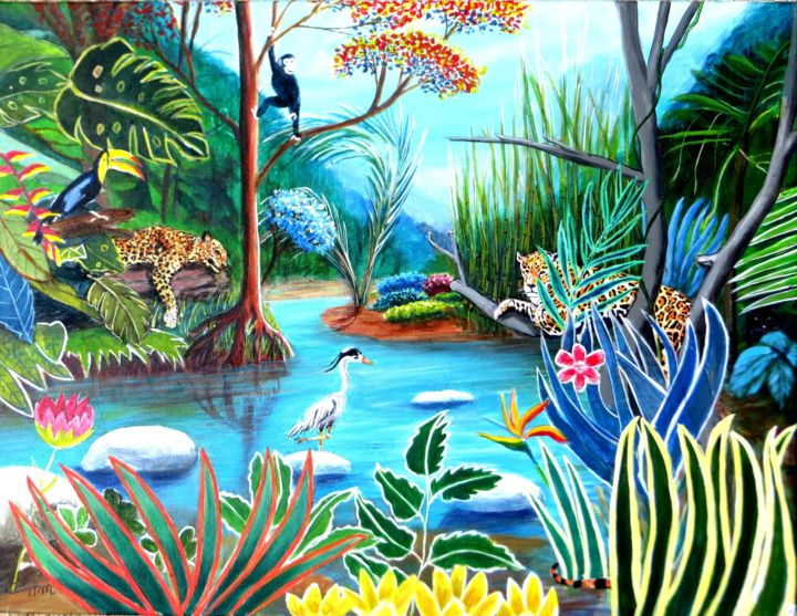 Peinture intitulée "PAISIBLE JUNGLE" par Chantal Martin (chm), Œuvre d'art originale, Acrylique