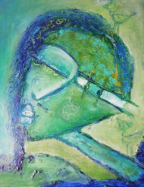 Visage vert aux oiseaux 绘画, 16.1x13 in