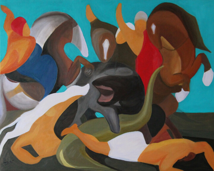 Peinture intitulée "La chasse à l'hippo…" par Catherine Costet (Lccat), Œuvre d'art originale, Huile