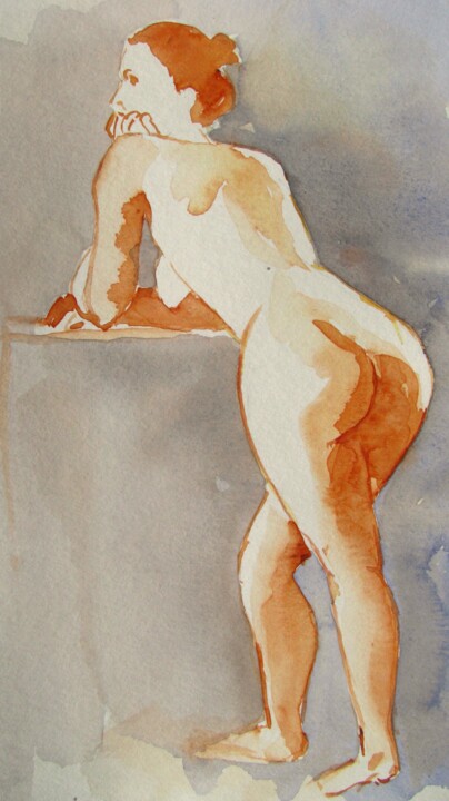 Accoudée au bar.... 绘画, 10.6x6.9 in