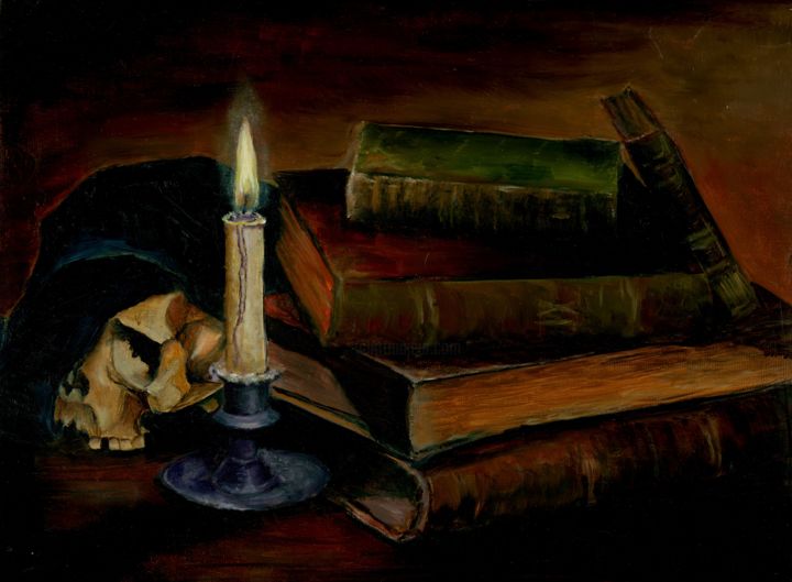 Memento Mori. Still life with old books 绘画, 9.5x11.8 in