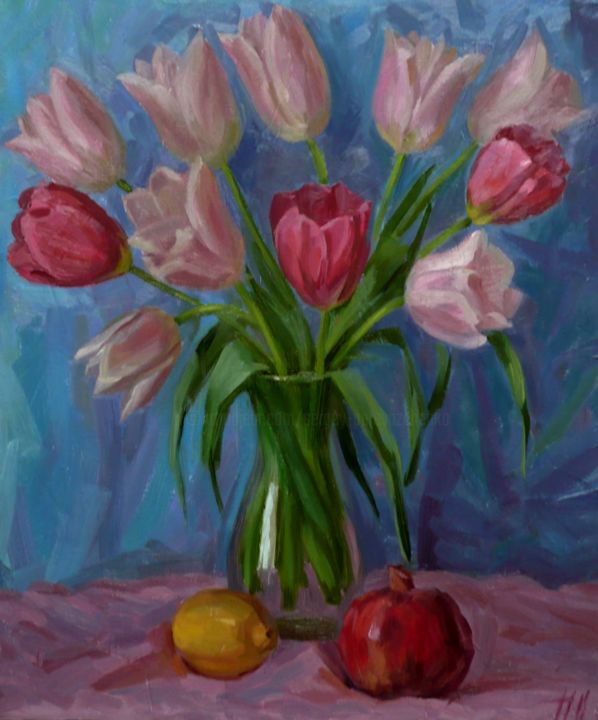 Painting titled "Тюльпаны." by Sergey Perevozchenko, Original Artwork, Oil