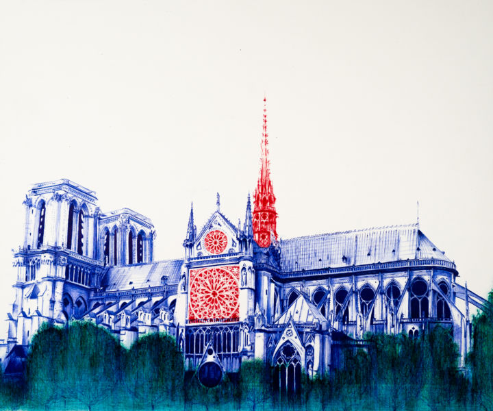 Drawing titled "Notre Dame" by Céline De Trétaigne (CM2T), Original Artwork, Ballpoint pen