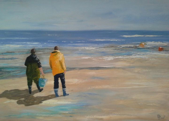 Painting titled "LA PECHE A PIED" by Brigitte Pinel Cabot, Original Artwork, Oil