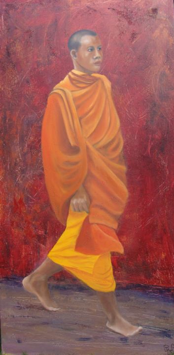 Painting titled "LE MOINE A ANGKOR V…" by Brigitte Pinel Cabot, Original Artwork, Oil