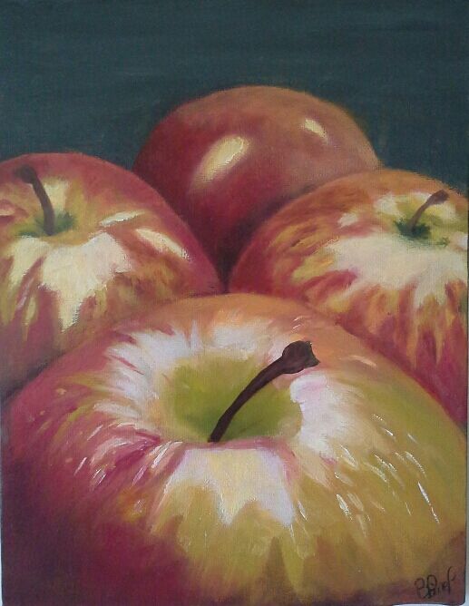 Painting titled "LES QUATRES POMMES" by Brigitte Pinel Cabot, Original Artwork, Oil