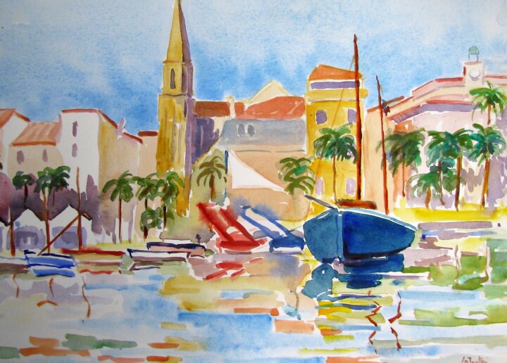 Peinture intitulée "le port de Sanary 3" par Jean-Noël Le Junter, Œuvre d'art originale, Aquarelle Monté sur Panneau de bois