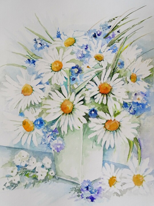 Pintura titulada "Margeriten" por Maria Földy, Obra de arte original, Acuarela