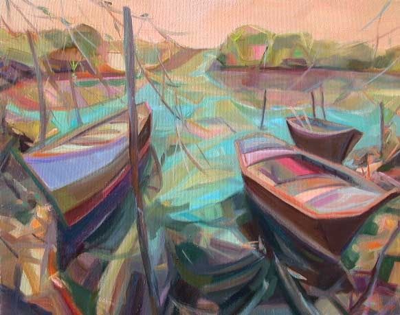 Painting titled "Barche all'ormeggio" by Lucio Betto, Original Artwork