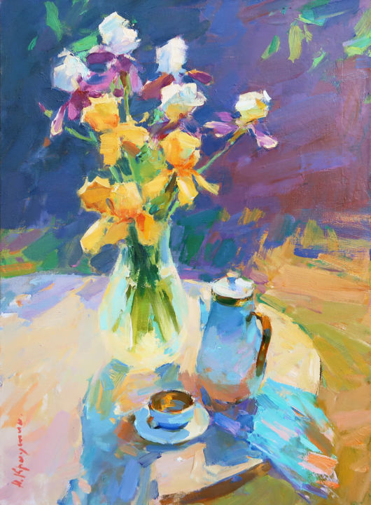 Painting titled "Bouquet of Irises" by Aleksander Kryushyn, Original Artwork, Oil Mounted on Wood Stretcher frame