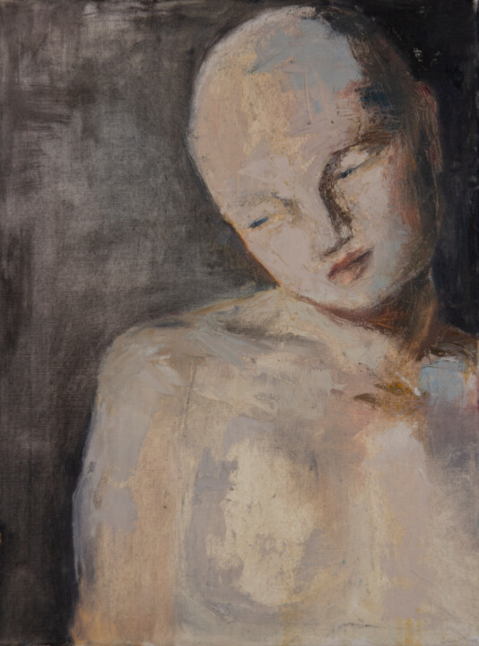 Painting titled "Bald Girl" by Fleur Elise Noble, Original Artwork, Oil Mounted on Wood Stretcher frame
