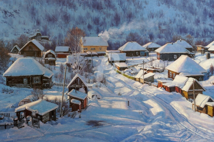 Winter Village in February 绘画, 19.7x29.5 in