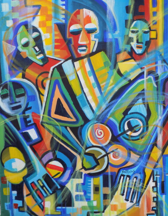 Schilderij getiteld "Abstract-Drummers" door Olaoluwa Smith, Origineel Kunstwerk, Acryl