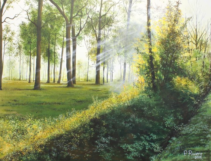 Painting titled "En forêt de Villefe…" by Pascal Riviere, Original Artwork, Acrylic Mounted on Wood Stretcher frame