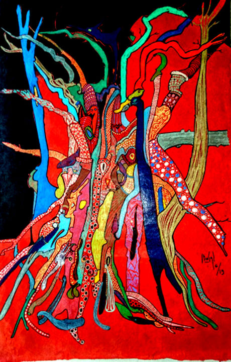 Painting titled "Le chat bleu" by Hélène Stevens, Original Artwork, Pencil Mounted on Cardboard