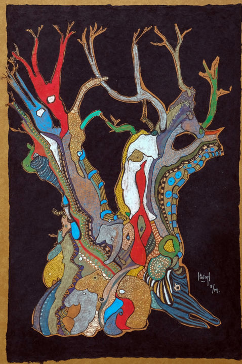 Peinture intitulée "L'Olivier de la pai…" par Hélène Stevens, Œuvre d'art originale, Encre Monté sur Carton