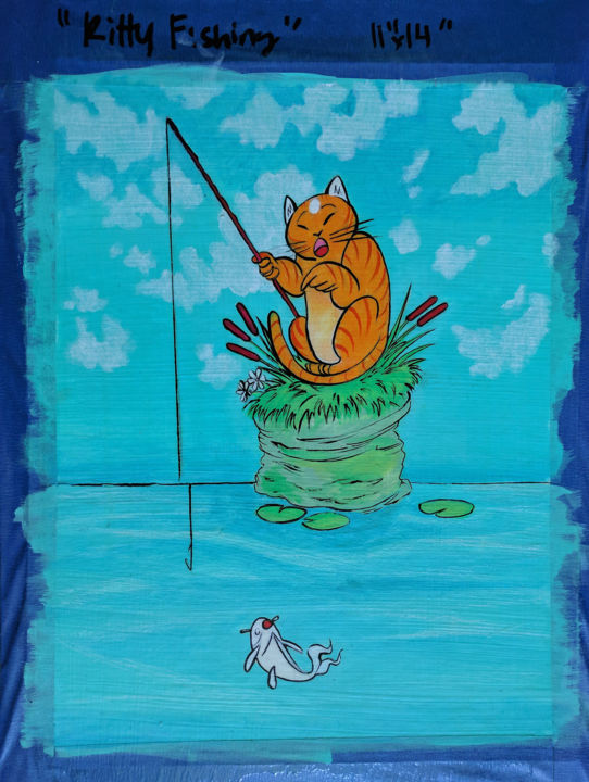 Kitty Fishing #3 绘画, 14x11 in