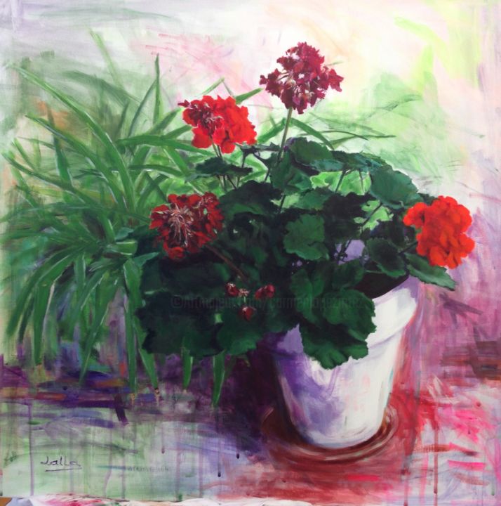 Painting titled "Geranio" by Carmen Lopez Martinez, Original Artwork, Acrylic