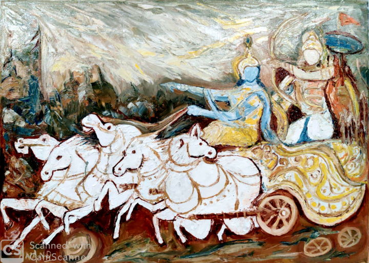 Painting titled "THE DIVINE CHARIOT" by Anandswaroop Manchiraju, Original Artwork, Oil