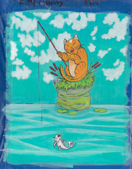 Kitty Fishing #4 绘画, 14x11 in