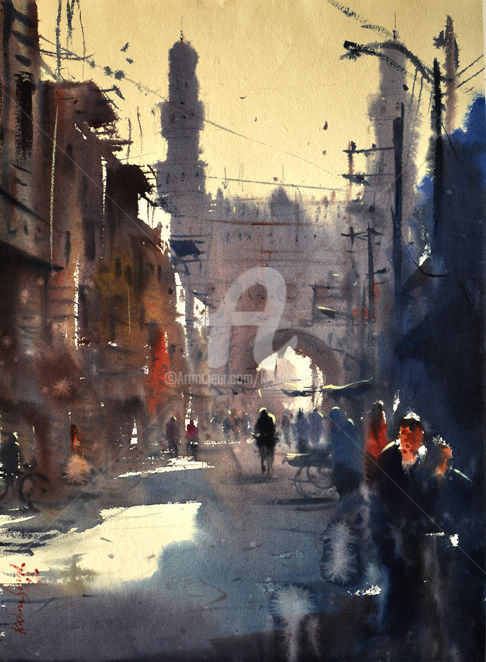 Painting titled "Lad Bazar-Charminar…" by Kishore Singh, Original Artwork, Watercolor