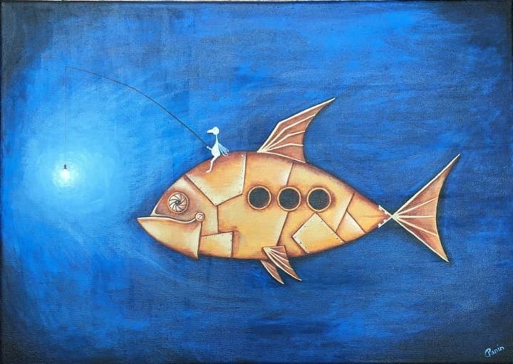 Painting titled "Рыба" by Denis Panin, Original Artwork, Acrylic Mounted on Wood Stretcher frame