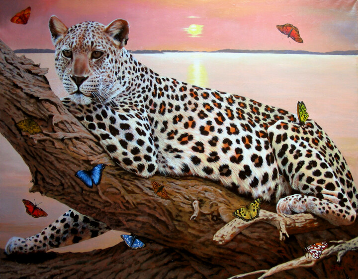 Картина под названием "Leopard" - Sergey And Vera, Подлинное произведение искусства, Масло