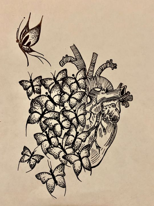 Drawing titled "Butterflies" by Lipstick, Original Artwork, Gel pen