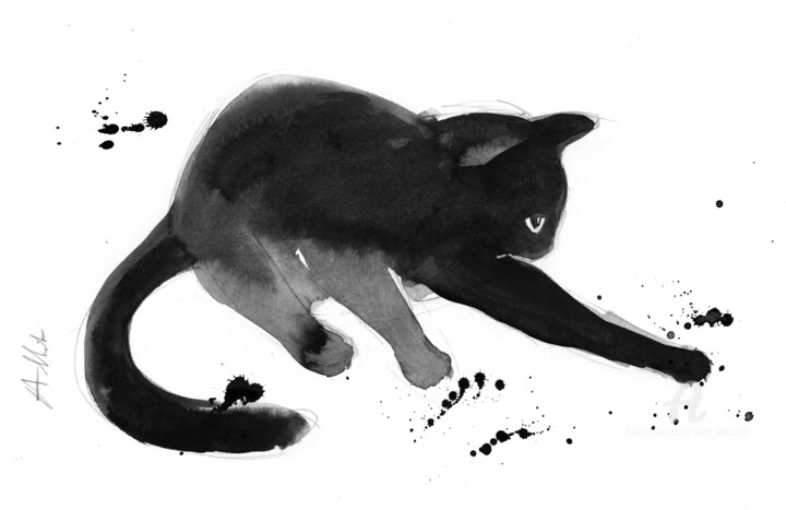 Dessin intitulée "Chat dynamique 0080" par Alliet-Delacroix, Œuvre d'art originale, Encre Monté sur Carton