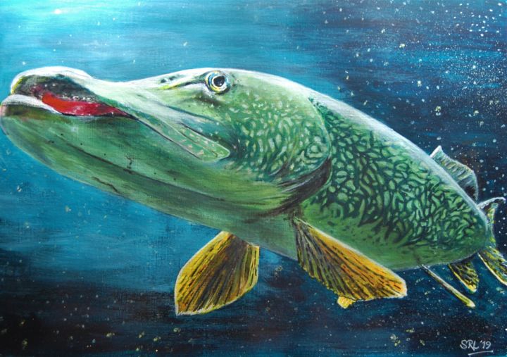 □美術品□Blue・ Esox Lucius□２３cm◇ Copen◇ Pike (Esox Lucius), 絵画 Steve Lovegroveによって | ArtMajeur