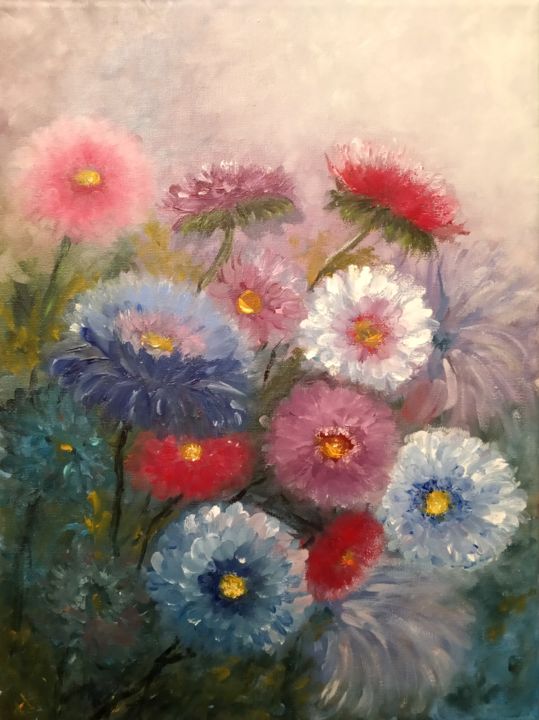 Painting titled "Астры/ Asters" by Natalia Biryukova, Original Artwork, Oil Mounted on Wood Stretcher frame