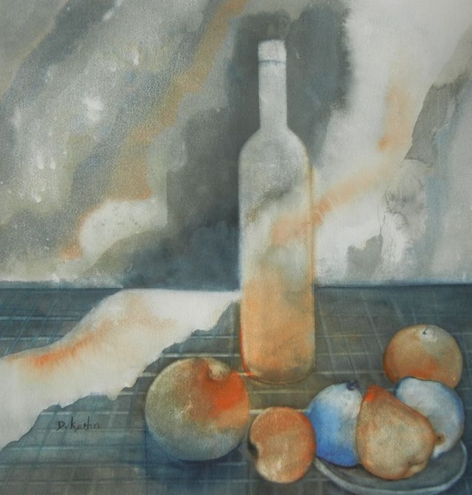 Painting titled "deux poires bleues…" by Dominique Kuehn, Original Artwork, Watercolor