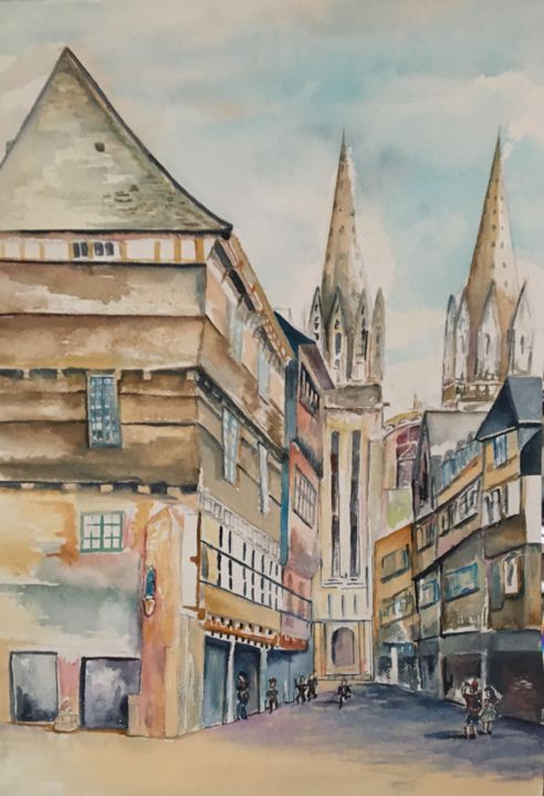 Dessin intitulée "Rue Kereon" par Lapiche, Œuvre d'art originale, Aquarelle