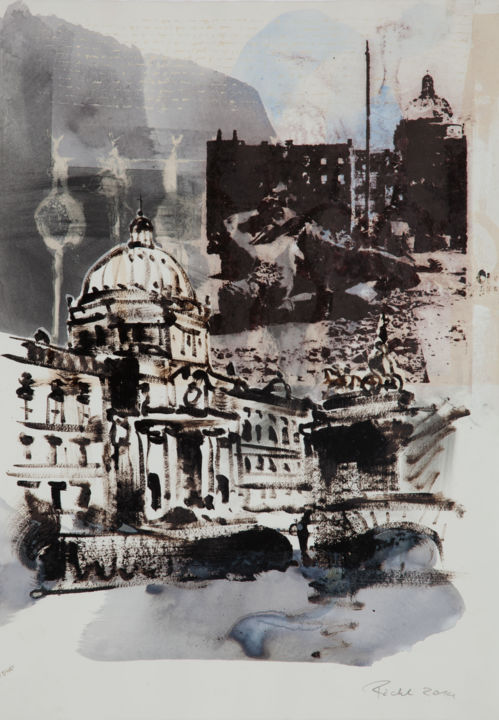 Painting titled "Stadtschloss Berlin" by Frank Roedel, Original Artwork, Ink Mounted on Cardboard