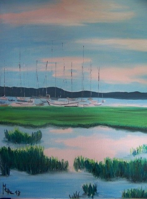 Peinture intitulée "Paysage matinal aux…" par Maryse Curinier-Rochette, Œuvre d'art originale, Huile Monté sur Châssis en bo…